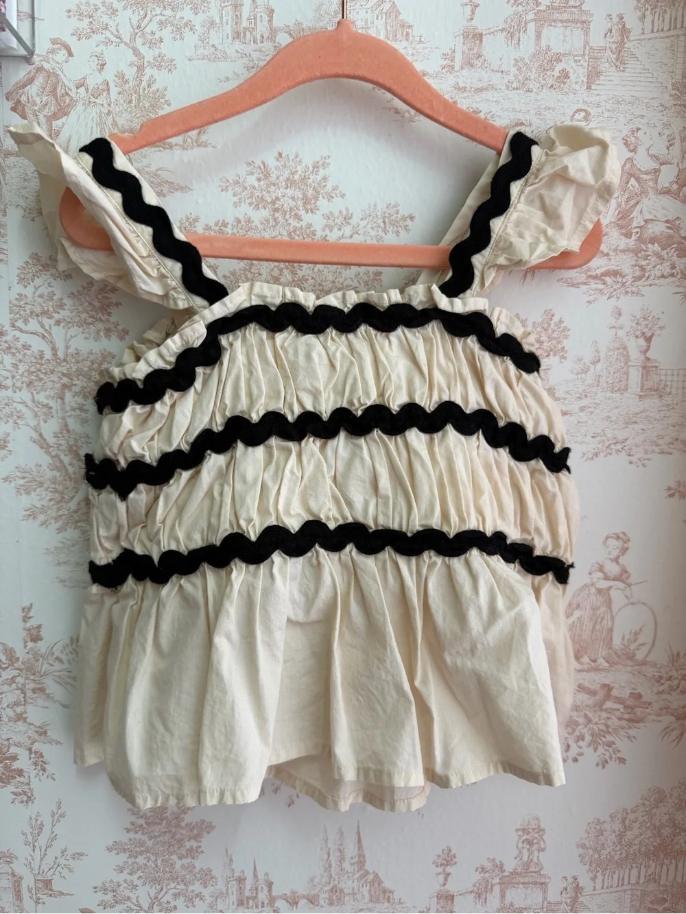 Zara Kids Cream Two-Piece Ruffled Top and Wide Leg Pants with Black Trim